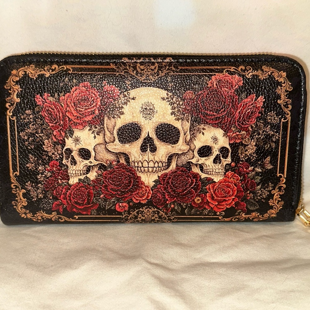 Skull & Red Rose Zip-Around Wallet - Black
